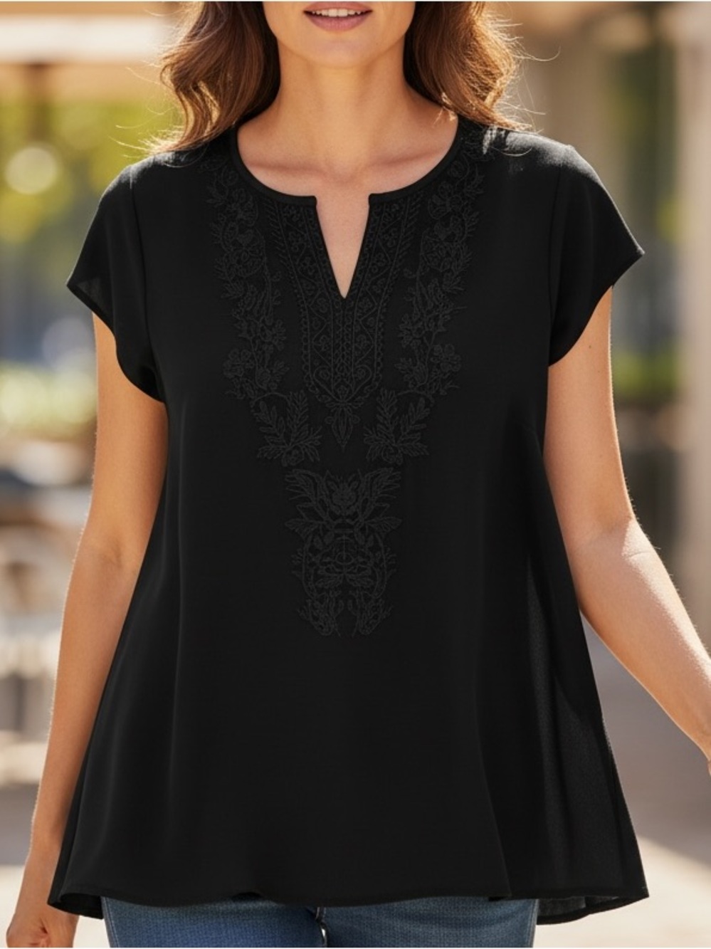 Liz Claiborne Black Embroidered Split Neck Short Sleeve Blouse Top